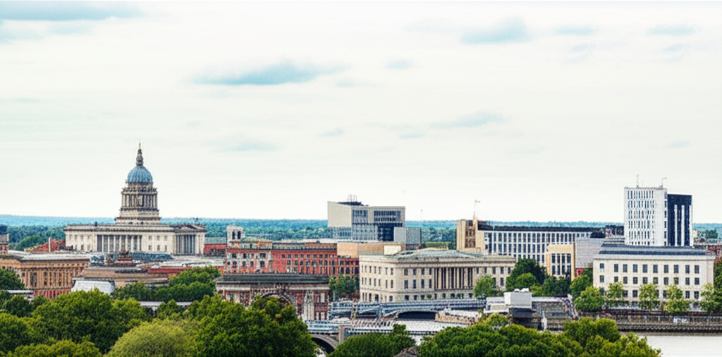 Nottingham city center skyline with graduate accommodation
